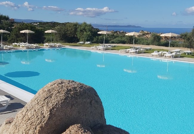 Ampia piscina con sdraio e ombrelloni.