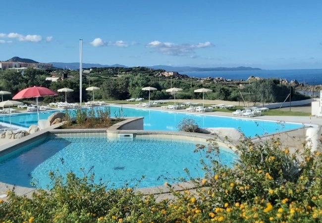 Piscine circondate da vegetazione e vista mare.