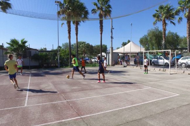 Persone giocano a calcetto su un campo all'aperto con palme e rete protettiva.