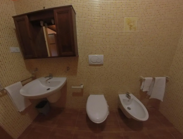 Bagno con rivestimento a mosaico giallo, lavabo, WC, bidet e asciugamani appesi.