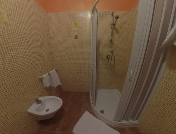 Bagno con doccia, bidet e piastrelle beige a mosaico sulle pareti.