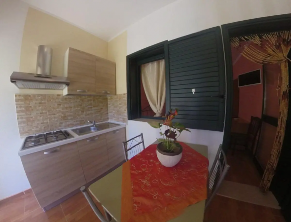 Cucina moderna con tavolo, pianta e tovaglia arancione. Finestra con persiane verdi.