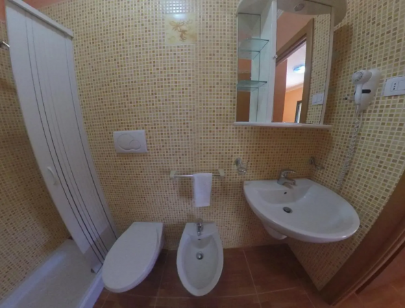Bagno con doccia, bidet, lavabo e specchio.