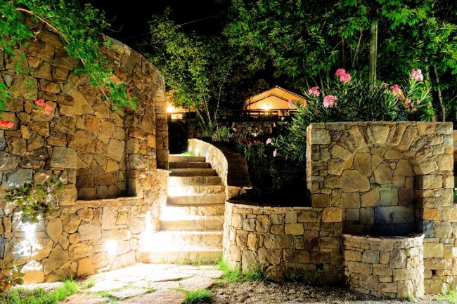 Scalinata di pietra illuminata di notte, circondata da vegetazione.