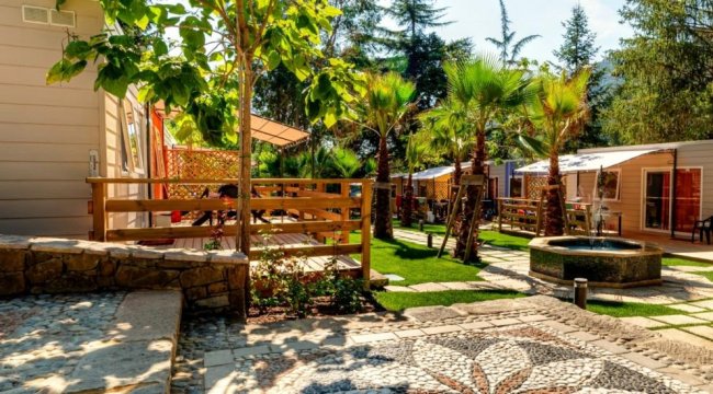 Area con vialetti, fontana e case mobili tra palme.