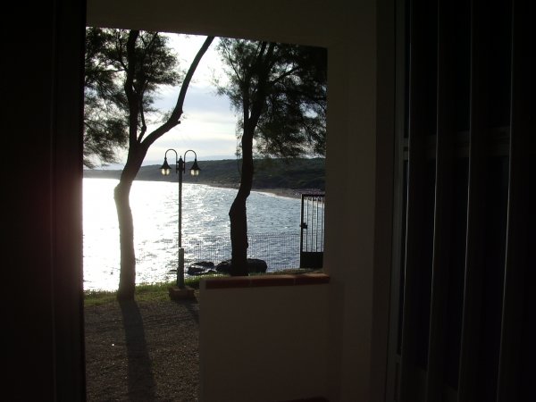 Vista mare oltre un balcone con alberi.