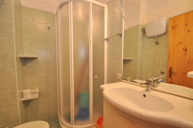 Bagno con doccia e lavabo bianchi.
