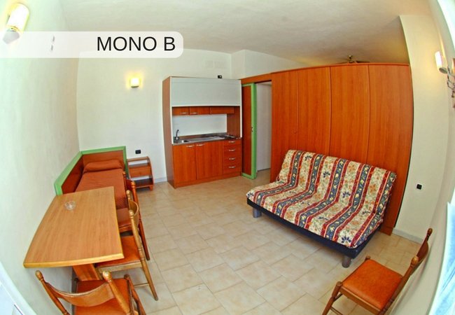 Monolocale con divano, angolo cottura e tavolo.