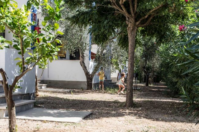 Bambini giocano tra gli alberi vicino a edifici bianchi.