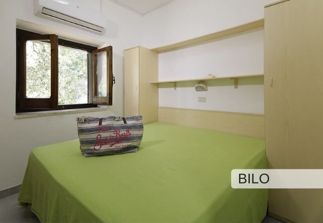 Camera con letto matrimoniale e borsa su letto verde.
