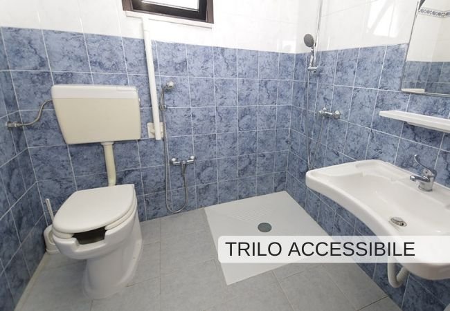Bagno accessibile con doccia e sanitari.