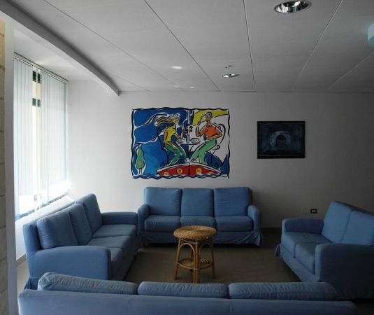 Divani blu e un dipinto colorato su una parete bianca.