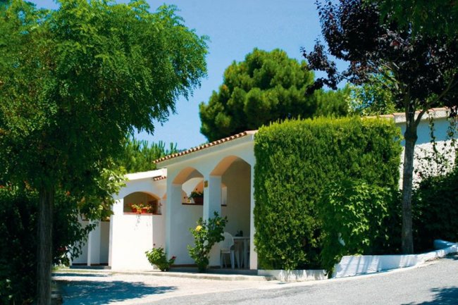 Villetta bianca circondata da alberi e vegetazione rigogliosa.