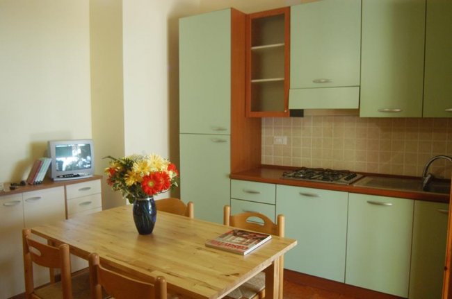 Cucina con mobili verdi, tavolo in legno con fiori, e televisore su mobile.