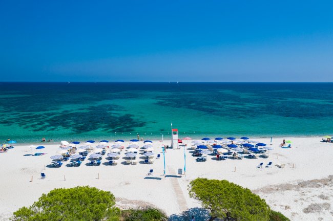 Vista frontale di spiaggia, file di ombrelloni.